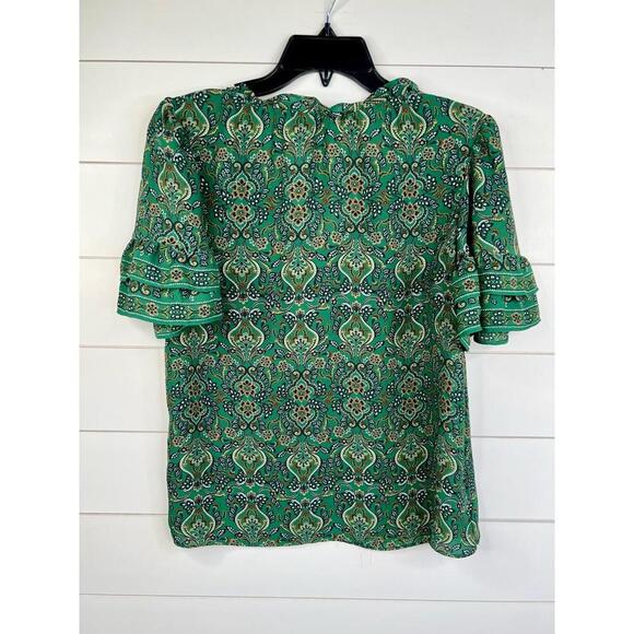 Max Studio Green  Peasant Blouse Ruffle Detail Patterned Short Sleeves Size M - Picture 3 of 13